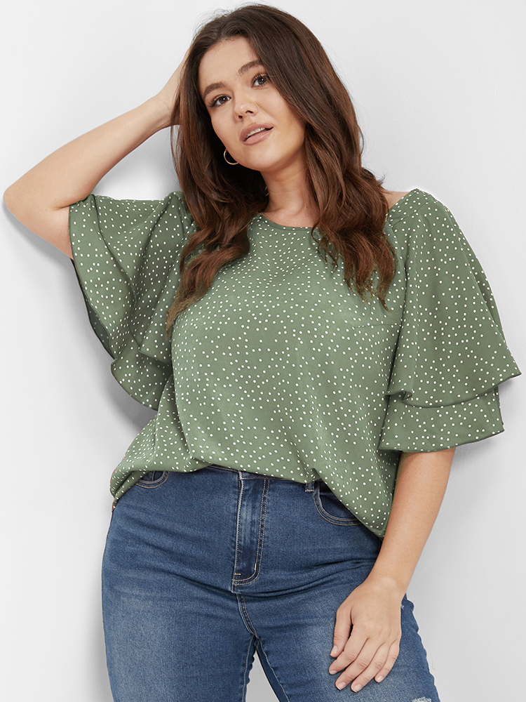 

Plus Size LightGreen Polka Dot Ruffle Tiered Sleeve Blouse Women Elegant Short sleeve Round Neck Dailywear Blouses BloomChic