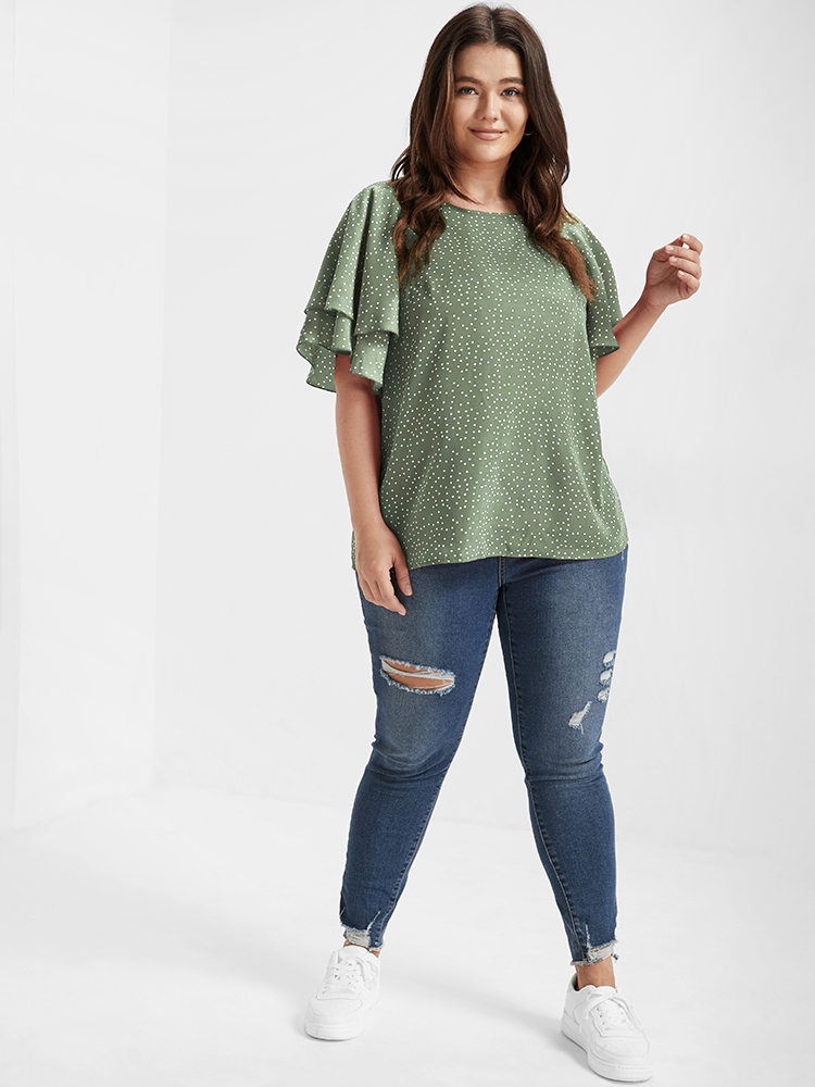 Plus Size LightGreen Polka Dot Ruffle Tiered Sleeve Blouse Women Elegant Short sleeve Round Neck Dailywear Blouses BloomChic 22-24/3X 