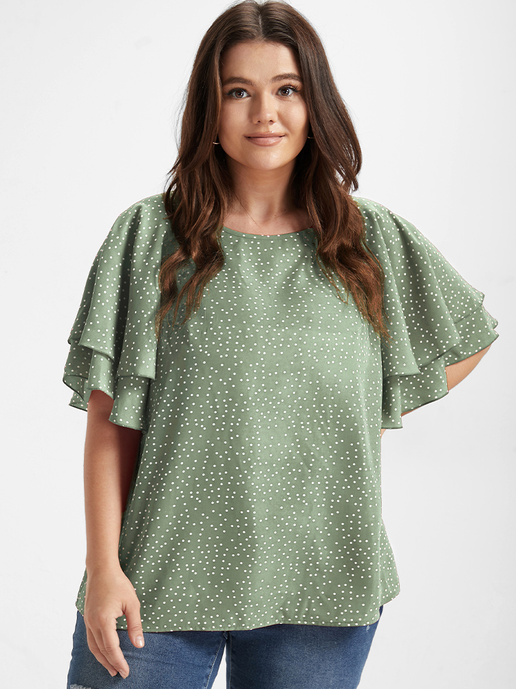 Plus Size LightGreen Polka Dot Ruffle Tiered Sleeve Blouse Women Elegant Short sleeve Round Neck Dailywear Blouses BloomChic 22-24/3X 