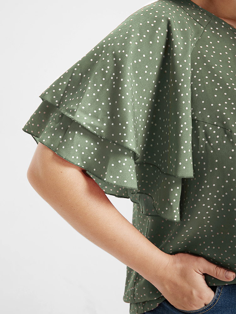 Plus Size LightGreen Polka Dot Ruffle Tiered Sleeve Blouse Women Elegant Short sleeve Round Neck Dailywear Blouses BloomChic 22-24/3X 