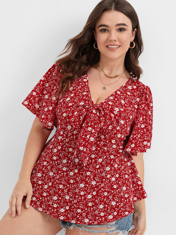 

Plus Size Burgundy Ditsy Floral Ties Ruffled V Neck Blouse Women Elegant Short sleeve V-neck Dailywear Blouses BloomChic