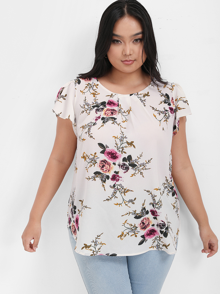 

Plus Size White Floral Split Ruffled Button Round Neck Blouse Women Elegant Short sleeve Round Neck Dailywear Blouses BloomChic