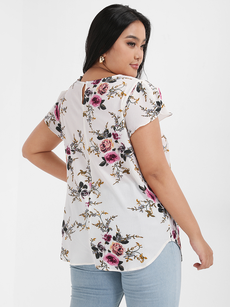 

Plus Size White Floral Split Ruffled Button Round Neck Blouse Women Elegant Short sleeve Round Neck Dailywear Blouses BloomChic