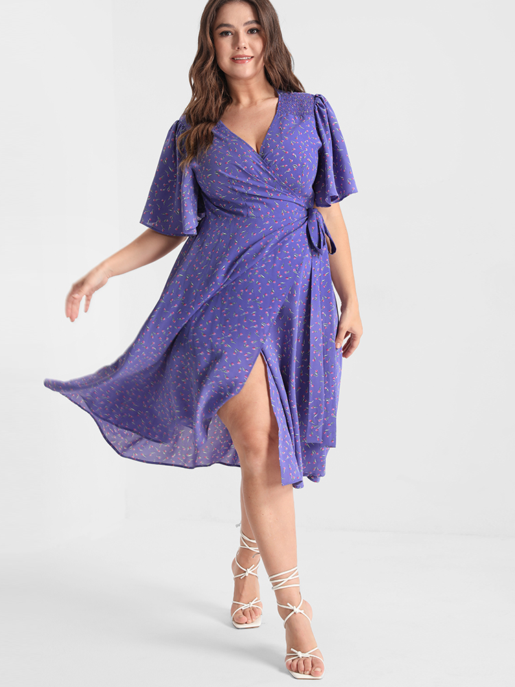 

Plus Size Ditsy Floral Knotted Ruffled Split Midi Dress BlueViolet Women Elegant Wrap V-neck Short sleeve Curvy Midi Dress BloomChic