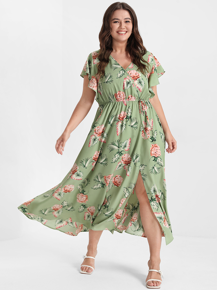 

Plus Size Floral Ruffles Raglan Sleeve Ties Wrap Midi Dress LightGreen Women Elegant Printed V-neck Short sleeve Curvy Midi Dress BloomChic