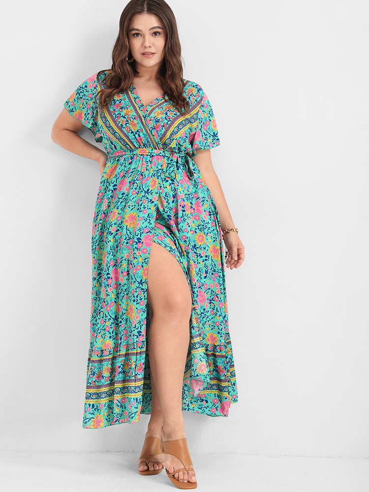 

Boho Elegant Flutter Plus Size Women Midi Dress Vacation Bohemian Print Ties Bodycon Ruffle Sleeve Short Sleeve V Neck Belt Dailywear Long Dress BloomChic, Cyan