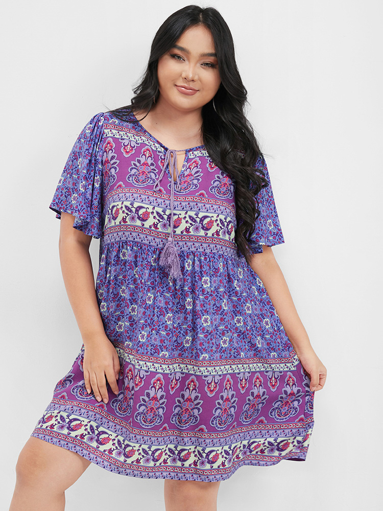 

Plus Size Bandana Ruffles Keyhole Ties Neck Short Dress BlueViolet Women Vacation Ruffles Tie Neck Short sleeve Curvy Knee Dress BloomChic