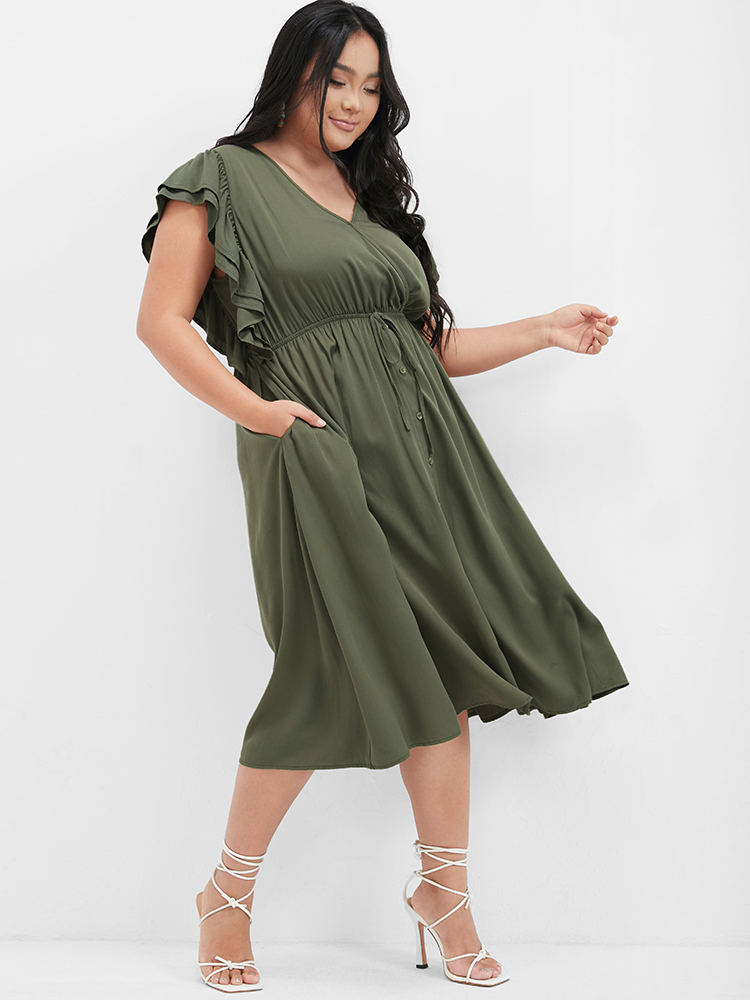 

Plus Size Solid Ruffles Button Ties Pocket Midi Dress ArmyGreen Women Elegant Plain V-neck Cap Sleeve Curvy Knee Dress BloomChic