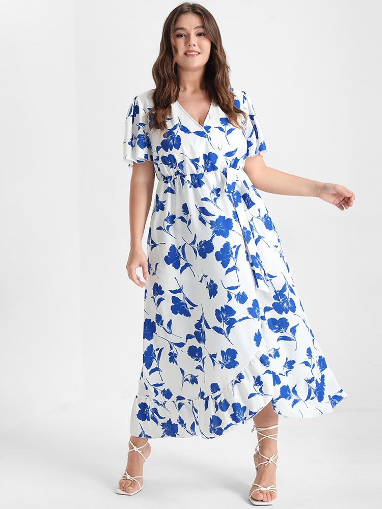 

Plus Size Floral Ruffle Knot Side Wrap Dress Blue Women Ruffles V-neck Short sleeve Curvy Midi Dress BloomChic