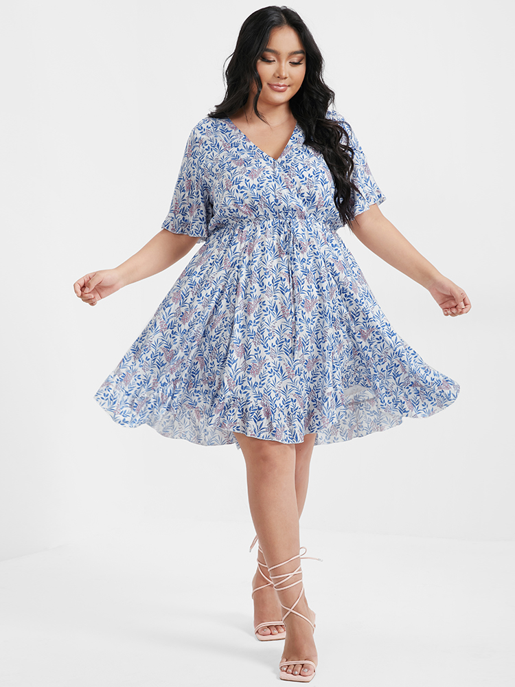 

Plus Size Ditsy Floral Ties Asymmetrical Ruffled V Neck Dress LightBlue Women Elegant Cross straps V-neck Short sleeve Curvy Knee Dress BloomChic