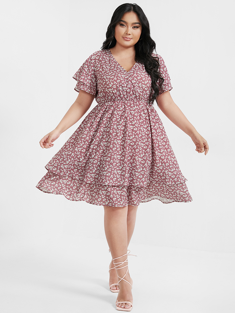 

Plus Size Ditsy Floral Ruffles Tiered V Neck Knee Dress DustyPink Women Wrap V-neck Short sleeve Curvy Knee Dress BloomChic