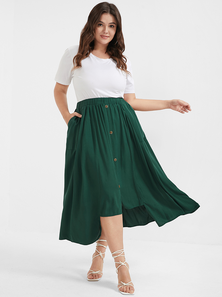 

Plus Size Solid Button Ruffled Asymmetrical Hem Pocket Skirt Women ArmyGreen Casual Button No stretch Pocket Dailywear Skirts BloomChic