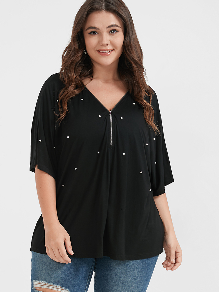 

Plus Size Solid Zipper V Neck Pearl Beaded Modal T-shirt Black V-neck Short sleeve Elegant Jersey Tops