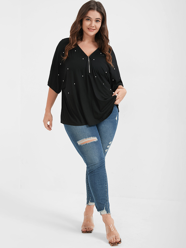 

Plus Size Solid Zipper V Neck Pearl Beaded Modal T-shirt Black V-neck Short sleeve Elegant Jersey Tops