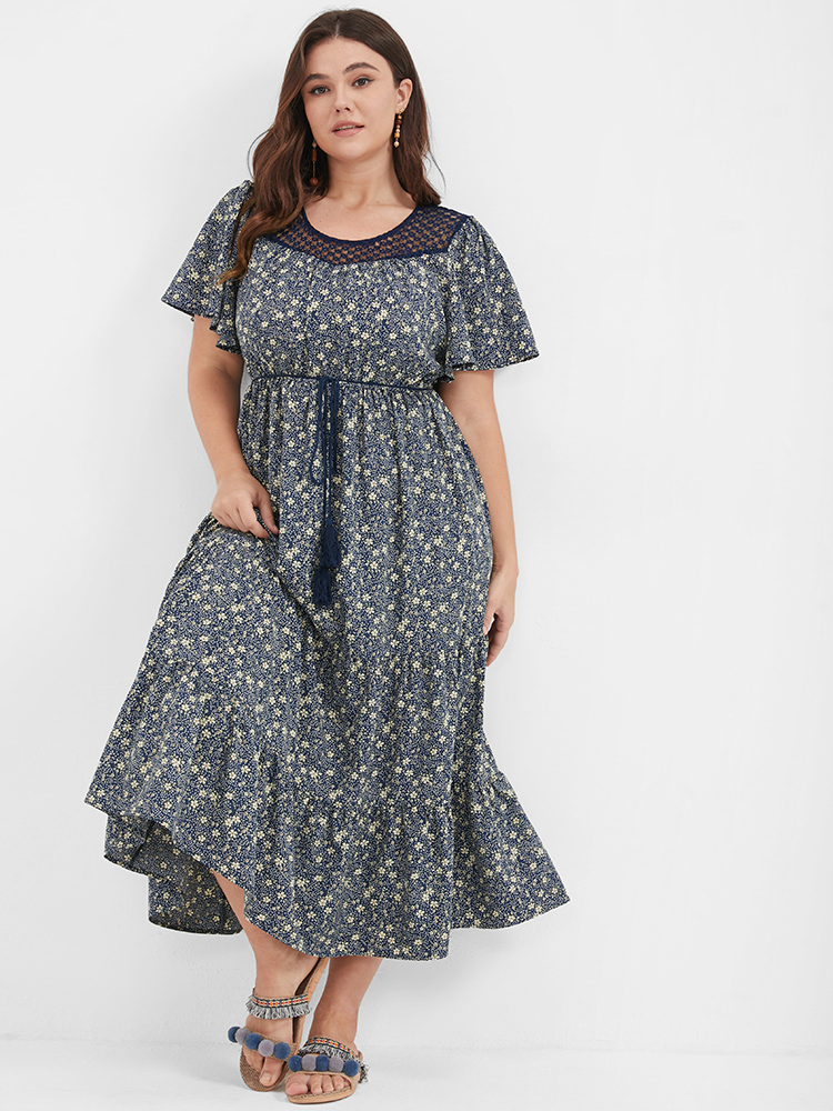 

Plus Size Ditsy Floral Lace Ruffled Ties Round Neck Dress DarkBlue Women Patchwork Round Neck Short sleeve Curvy Long Dress BloomChic