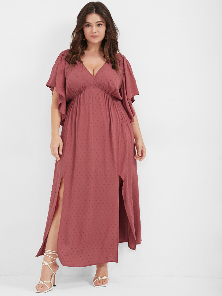 

Plus Size Solid V Neck Ruffles Split Embroidered Maxi Dress DustyPink Women Elegant Elastic Waist V-neck Short sleeve Curvy Long Dress BloomChic