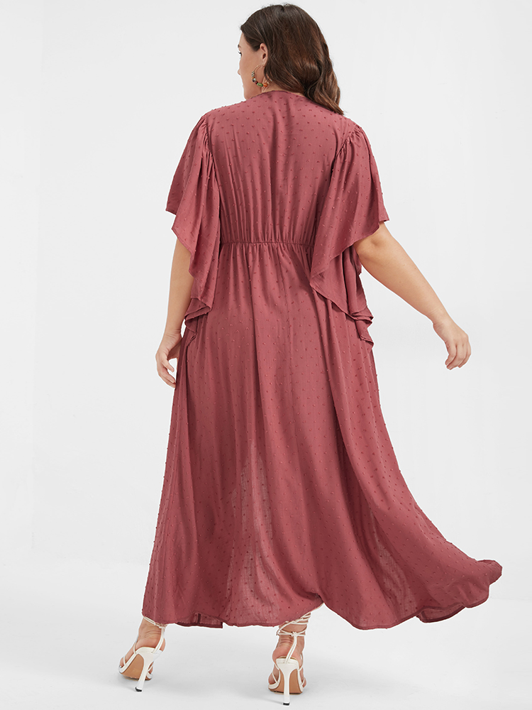 

Plus Size Solid V Neck Ruffles Split Embroidered Maxi Dress DustyPink Women Elegant Elastic Waist V-neck Short sleeve Curvy Long Dress BloomChic