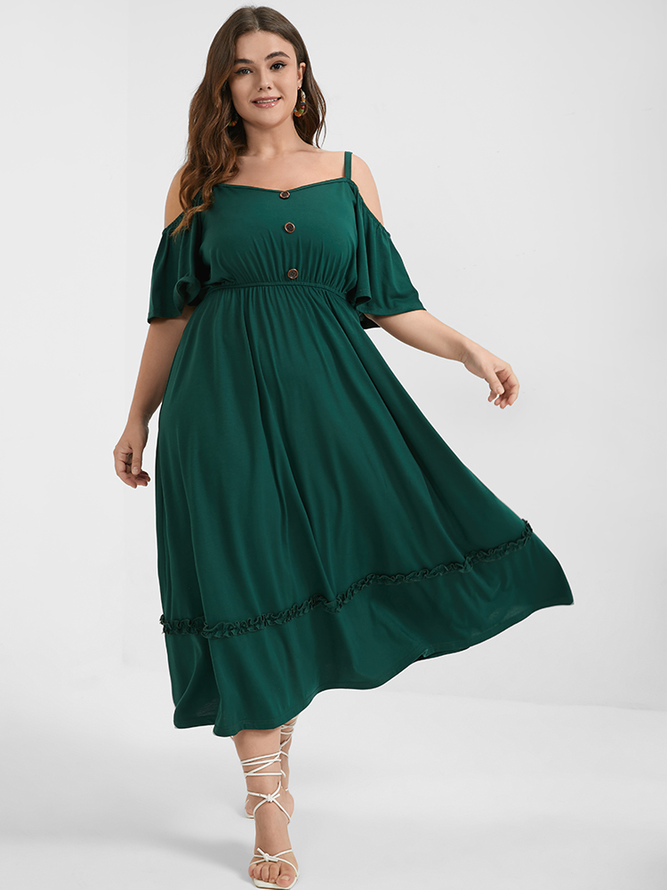 

Plus Size Plain Ruffles Button Cold Shoulder Midi Dress DarkGreen Women Gathered Cold Shoulder Short sleeve Curvy Midi Dress BloomChic