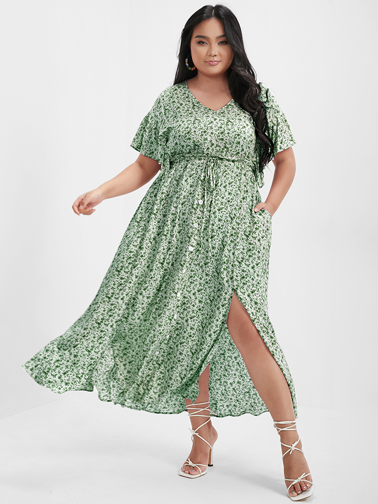 

Plus Size Ditsy Floral Ruffles Pocket Button Split Maxi Dress LightGreen Women Elegant Printed V-neck Cap Sleeve Curvy Long Dress BloomChic