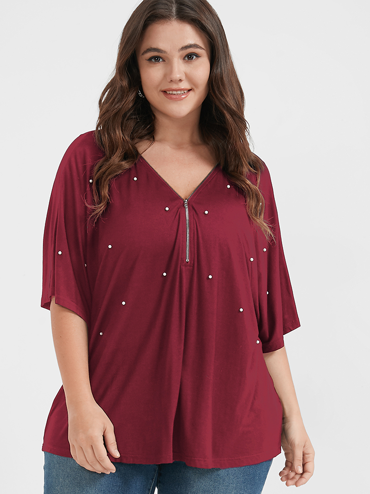 

Plus Size Solid Zipper V Neck Pearl Beaded Modal T-shirt Burgundy V-neck Short sleeve Elegant Jersey Tops