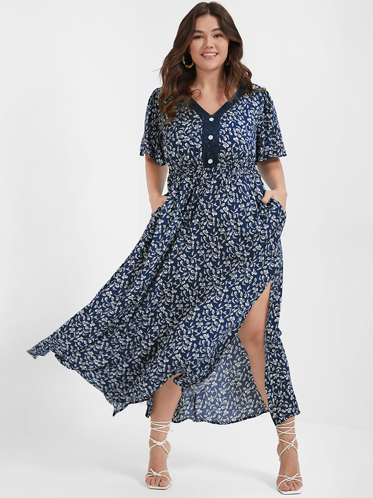 

Plus Size Ditsy Floral Button Lace Pocket Split Ruffles Maxi Dress DarkBlue Women Elegant Printed V-neck Short sleeve Curvy Long Dress BloomChic