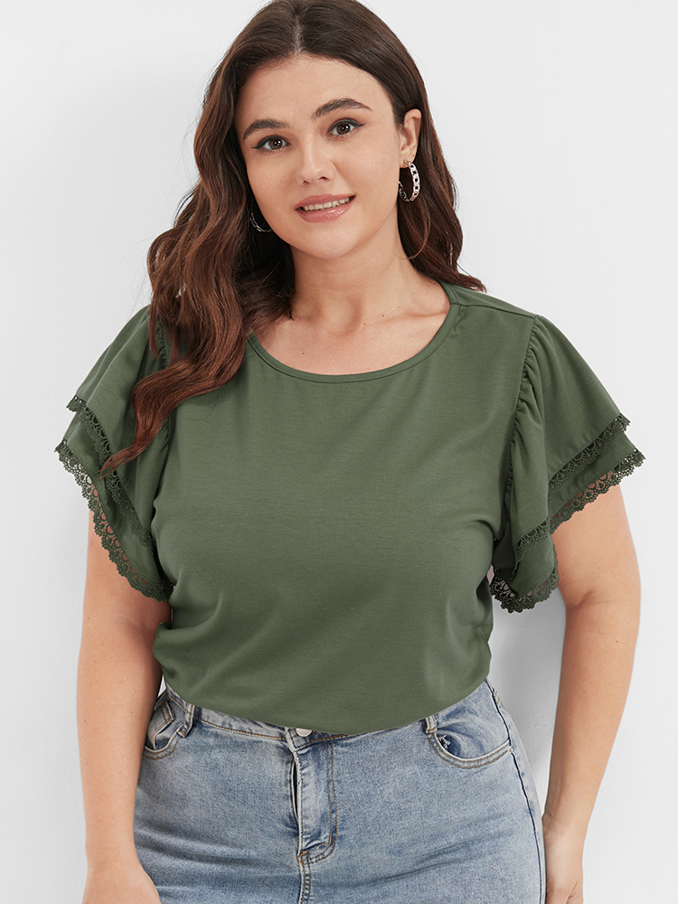 

Plus Size Solid Ruffles Tiered Lace Patchwork Round Neck T-shirt ArmyGreen Round Neck Short sleeve Elegant Jersey Tops