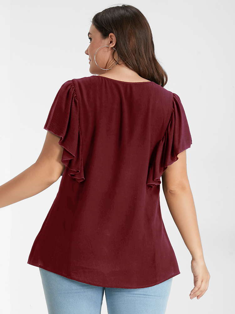 

Plus Size Burgundy Solid Contrast Lace Ruffle Round Neck Blouse Women Elegant Short sleeve Round Neck Dailywear Blouses BloomChic