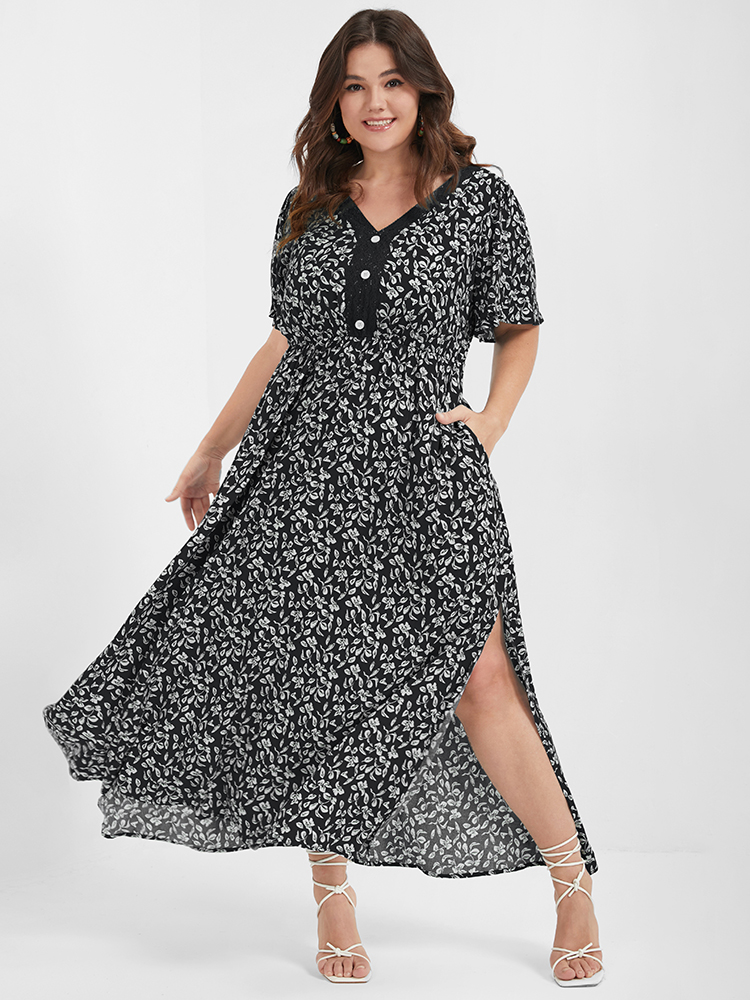 

Plus Size Ditsy Floral Button Lace Pocket Split Ruffles Maxi Dress Black Women Elegant Printed V-neck Short sleeve Curvy Long Dress BloomChic