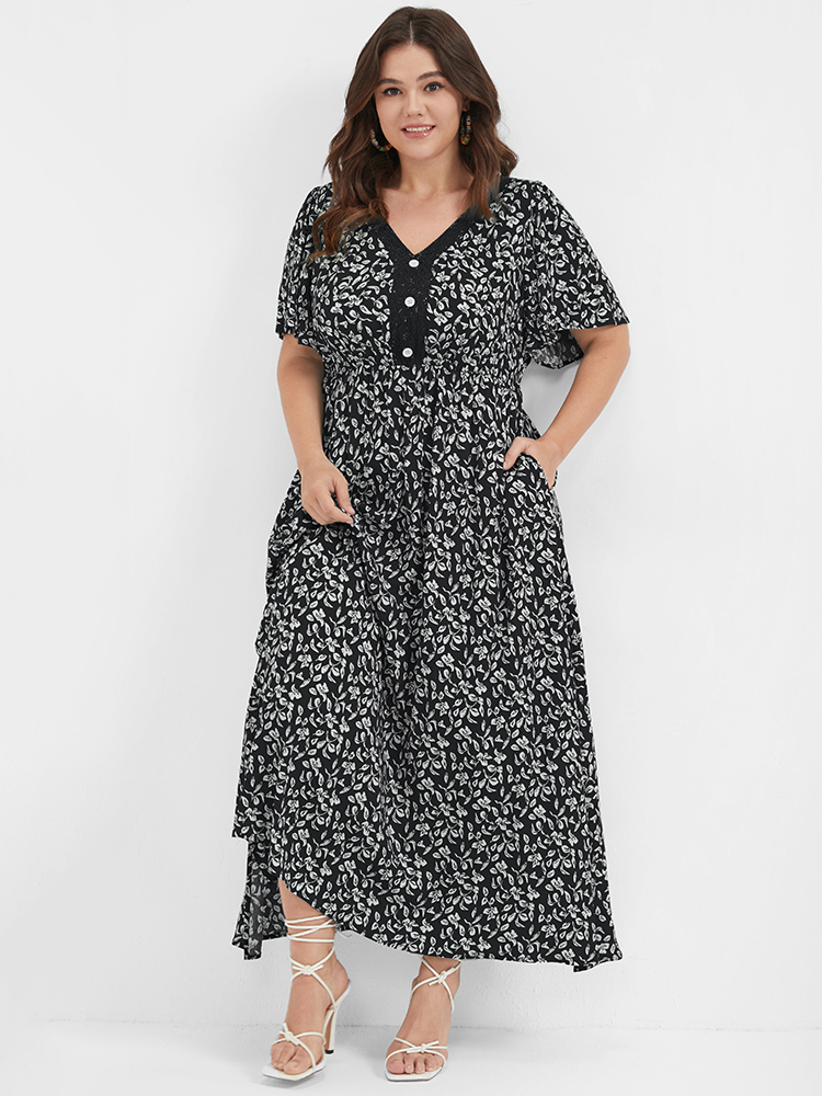 

Plus Size Ditsy Floral Button Lace Pocket Split Ruffles Maxi Dress Black Women Elegant Printed V-neck Short sleeve Curvy Long Dress BloomChic