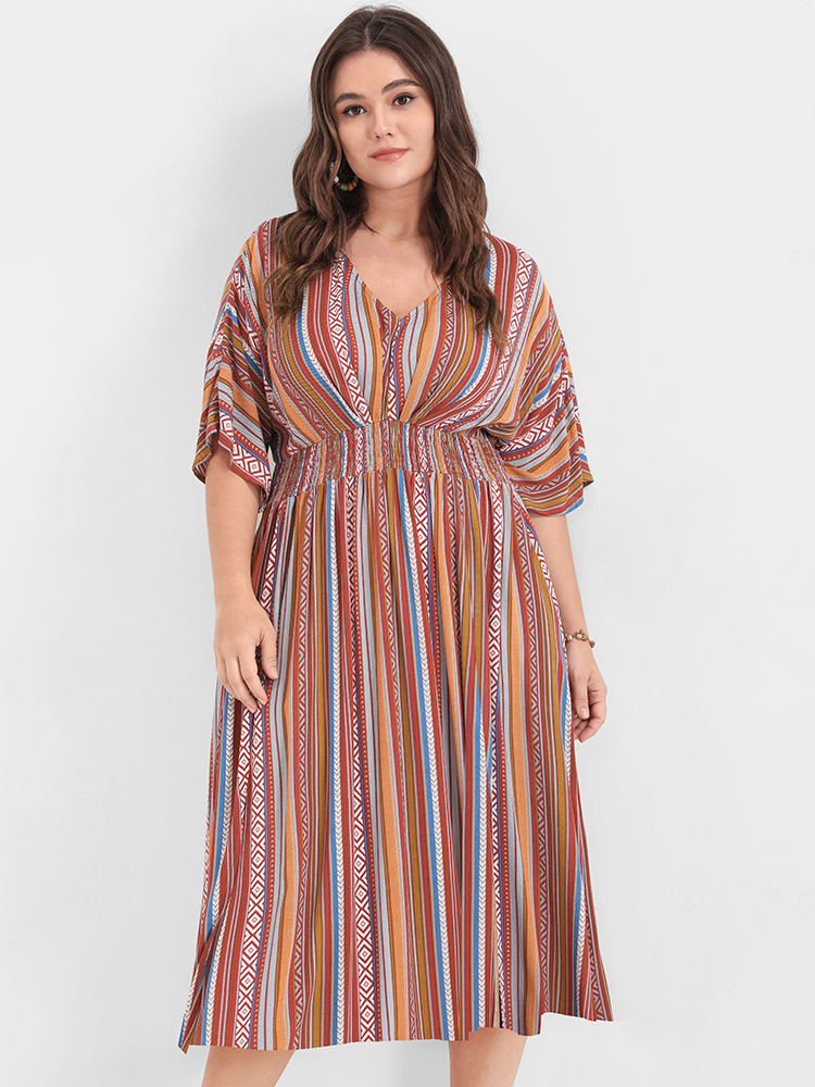 

Plus Size Bandana Split Dolman Sleeve Shirred Pocket Midi Dress Multicolor Women Vacation Pocket V-neck Half Sleeve Curvy Long Dress BloomChic