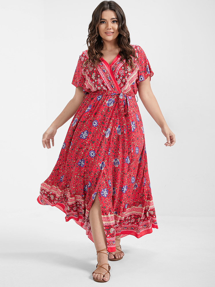 

Boho Elegant Flutter Plus Size Women Midi Dress Vacation Bohemian Print Ties Bodycon Ruffle Sleeve Short Sleeve V Neck Belt Dailywear Long Dress BloomChic, Red