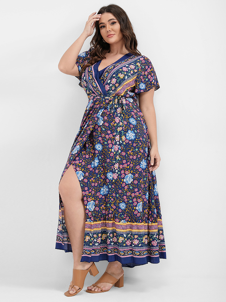 

Boho Elegant Flutter Plus Size Women Midi Dress Vacation Bohemian Print Ties Bodycon Ruffle Sleeve Short Sleeve V Neck Belt Dailywear Long Dress BloomChic, Darkblue