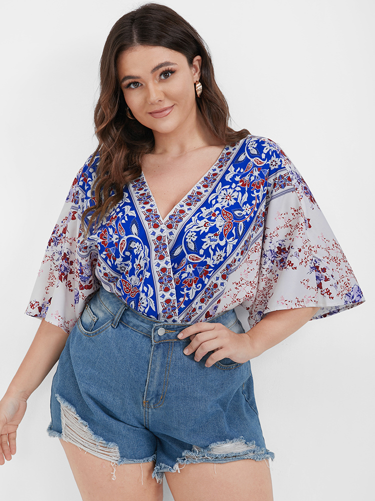 

Plus Size Multicolor Floral Bell Sleeve Elastic Waist Button Wrap Blouse Women Vacation Half Sleeve V-neck Dailywear Blouses BloomChic