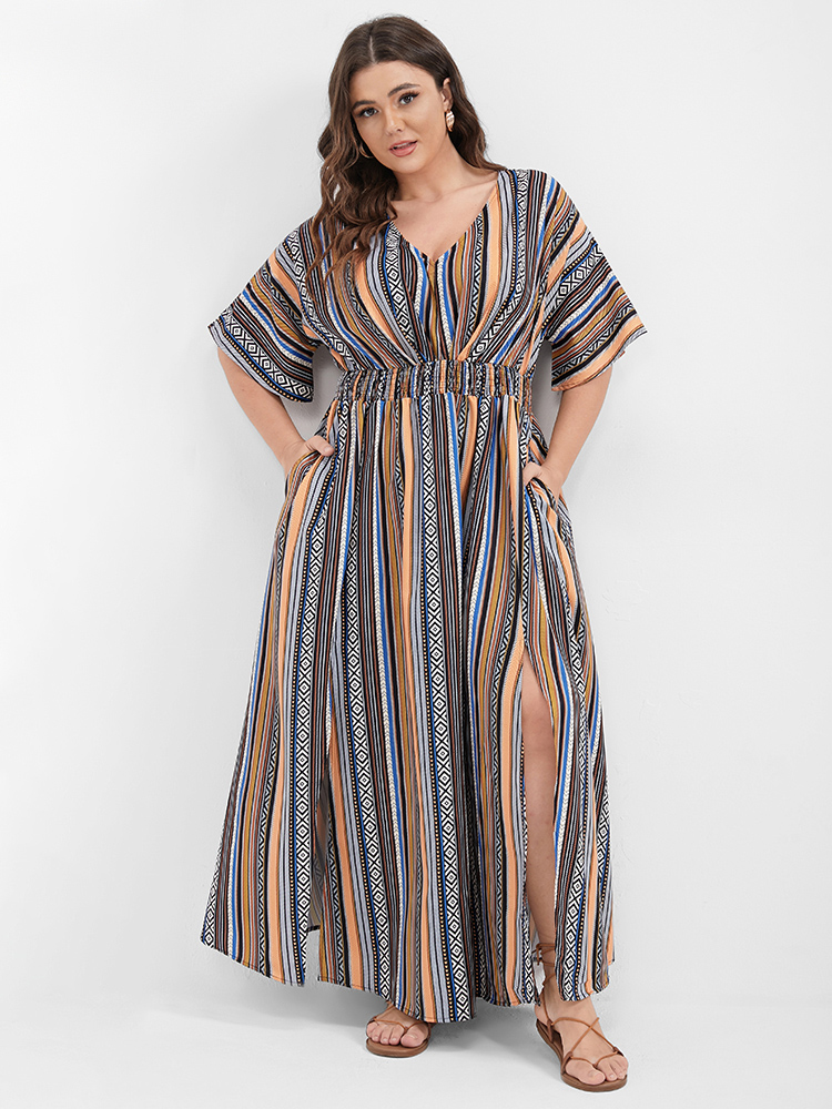 

Multi Striped Bohemian Print Plus Size Women Maxi Dress Dailywear Elastic Waist Dolman Short Sleeve V Neck Pocket Vacation Dresses, Black