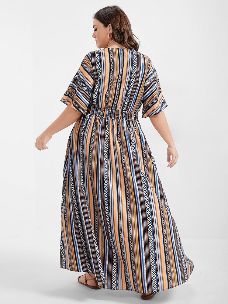 

Multi Striped Bohemian Print Plus Size Women Maxi Dress Dailywear Elastic Waist Dolman Short Sleeve V Neck Pocket Vacation Dresses, Black