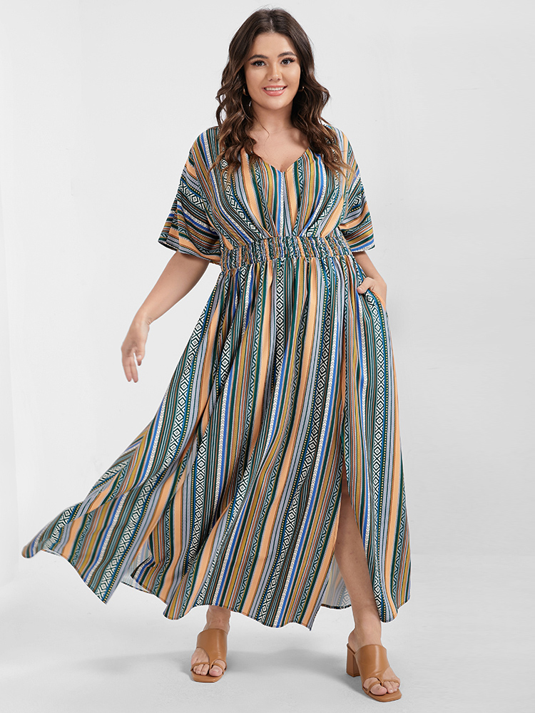 

Multi Striped Bohemian Print Plus Size Women Maxi Dress Dailywear Elastic Waist Dolman Short Sleeve V Neck Pocket Vacation Dresses, Darkgreen