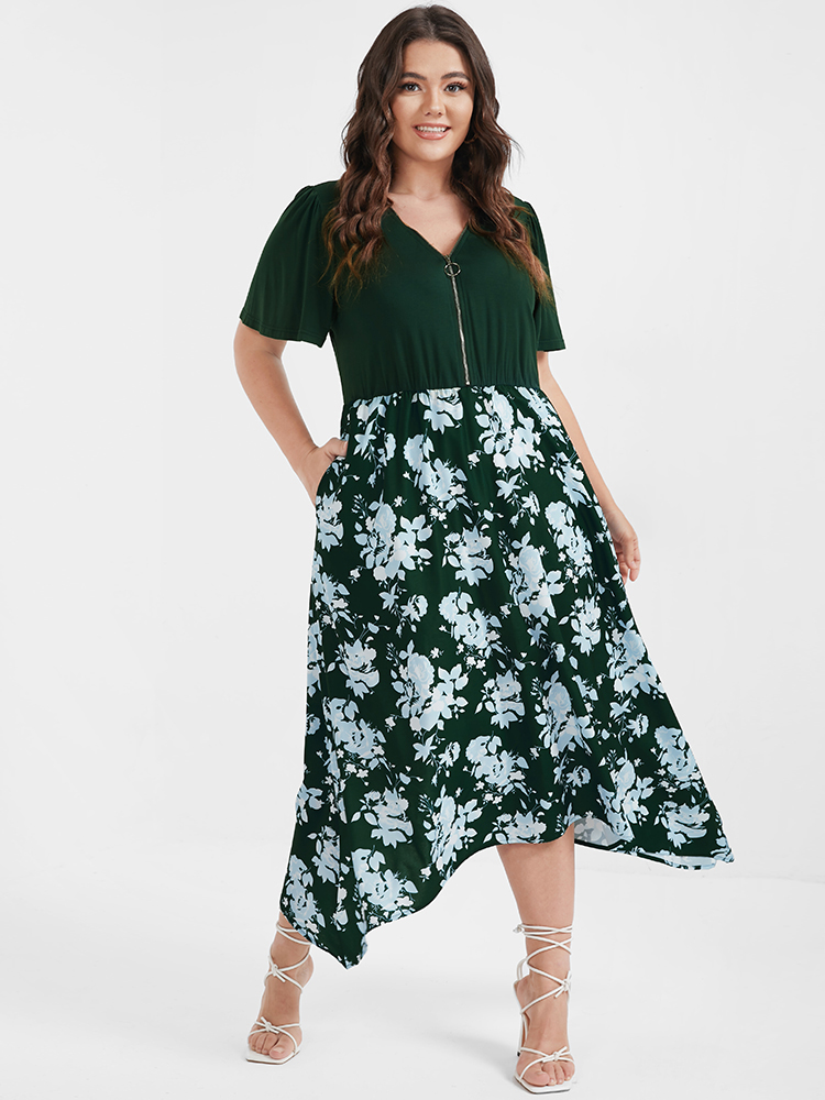 

Plus Size Floral Patchwork Zipper Asymmetrical Hem Pocket Midi Dress DarkGreen Women Elegant Patchwork V-neck Short sleeve Curvy Midi Dress BloomChic