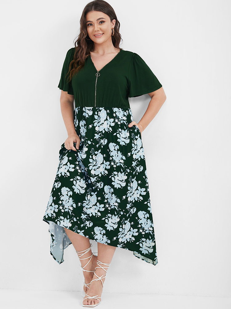 

Plus Size Floral Patchwork Zipper Asymmetrical Hem Pocket Midi Dress DarkGreen Women Elegant Patchwork V-neck Short sleeve Curvy Midi Dress BloomChic