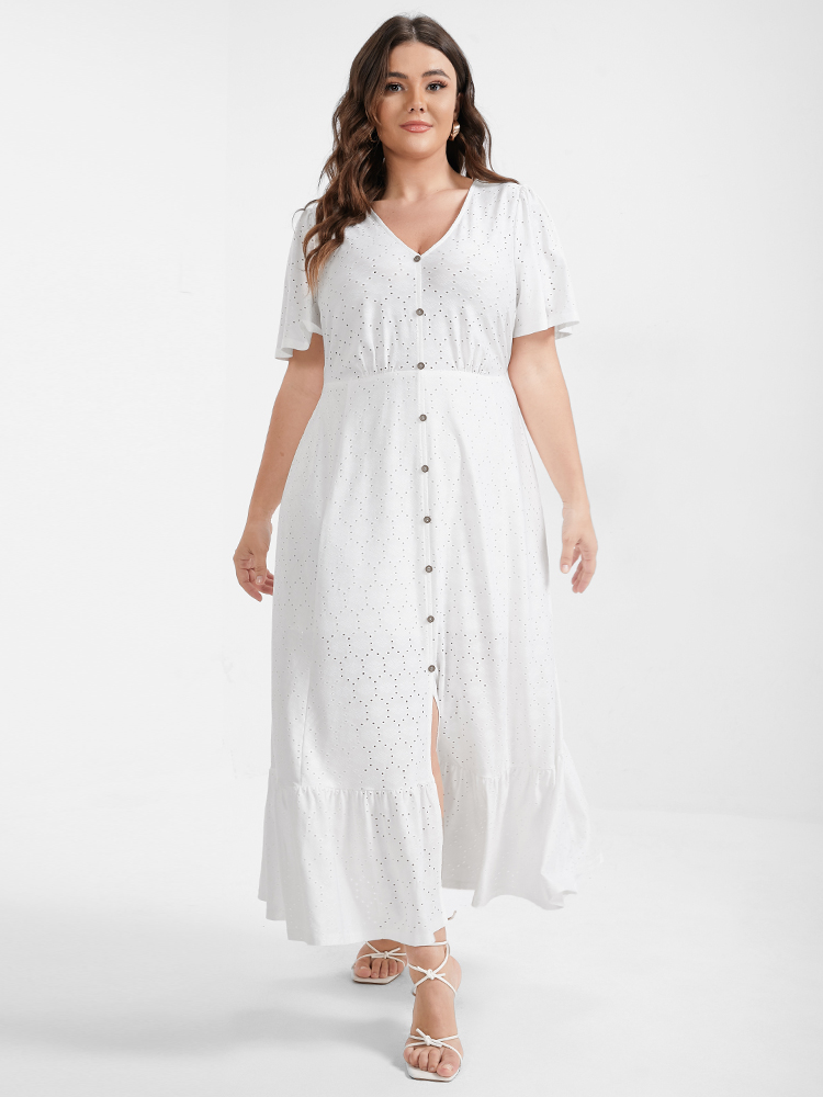 

Plus Size Solid Broderie Anglaise Button Split Ruffled Midi Dress White Women Office Plain V-neck Short sleeve Curvy Long Dress BloomChic