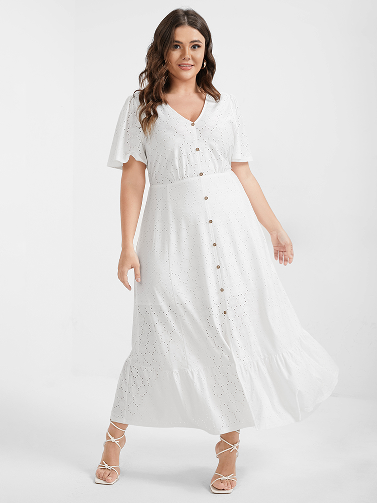 

Plus Size Solid Broderie Anglaise Button Split Ruffled Midi Dress White Women Office Plain V-neck Short sleeve Curvy Long Dress BloomChic