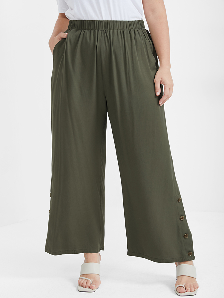 

Plus Size Solid Button Elastic Waist Pocket Loose Pants Women ArmyGreen Elegant High Rise Dailywear Pants BloomChic