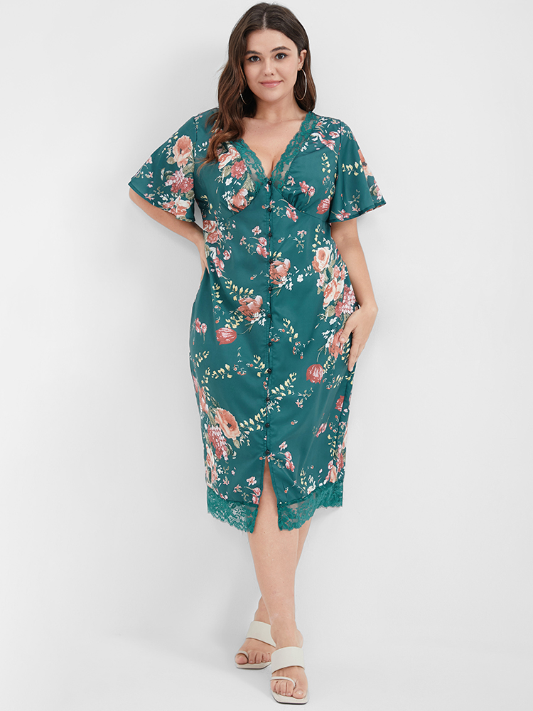 

Plus Size Floral V Neck Lace Button Bodycon Dress Teal Women Elegant Printed V-neck Short sleeve Curvy Midi Dress BloomChic