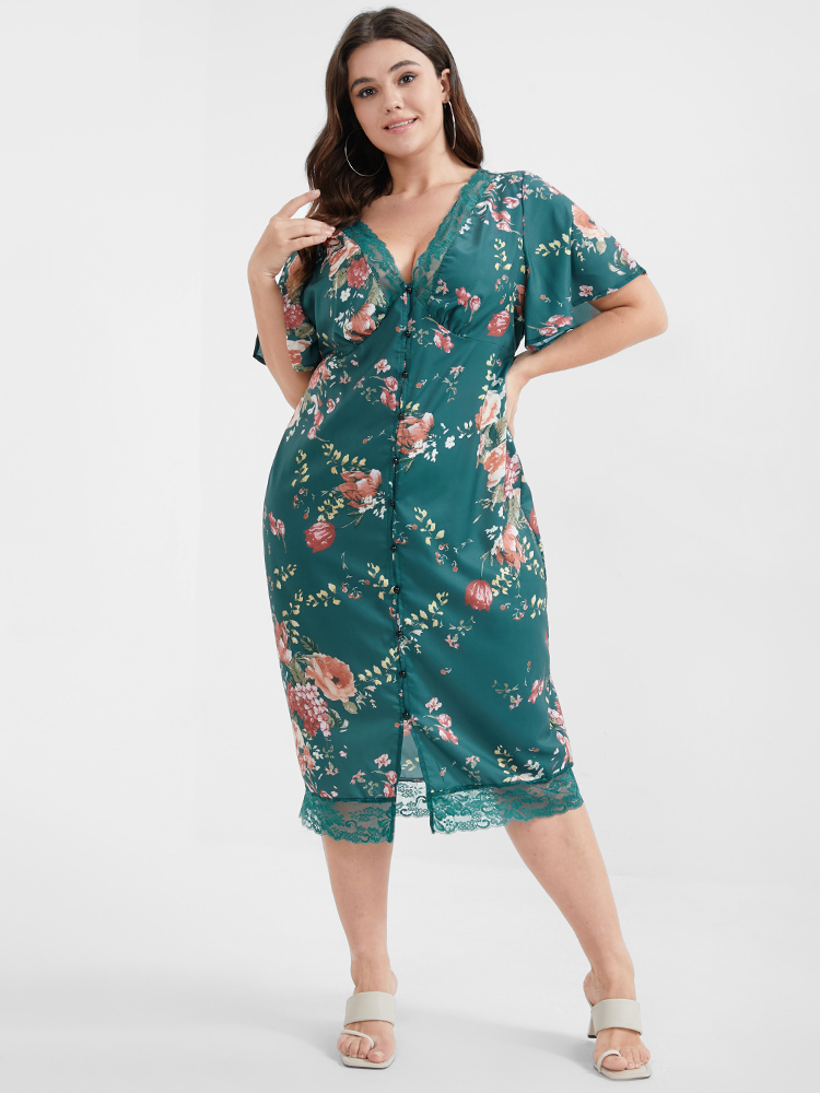 Plus Size Floral V Neck Lace Button Bodycon Dress Teal Women Elegant Printed V-neck Short sleeve Curvy Midi Dress BloomChic 22/3X 