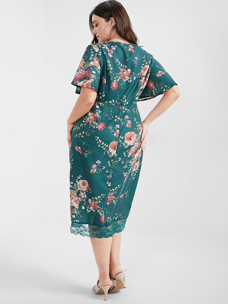 Plus Size Floral V Neck Lace Button Bodycon Dress Teal Women Elegant Printed V-neck Short sleeve Curvy Midi Dress BloomChic 22/3X 