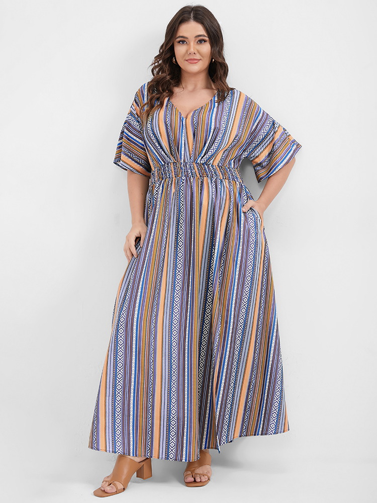 

Multi Striped Bohemian Print Plus Size Women Maxi Dress Dailywear Elastic Waist Dolman Short Sleeve V Neck Pocket Vacation Dresses, Plum