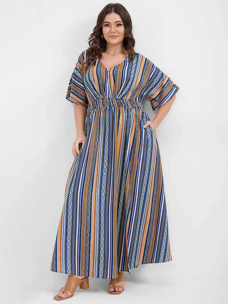 

Multi Striped Bohemian Print Plus Size Women Maxi Dress Dailywear Elastic Waist Dolman Short Sleeve V Neck Pocket Vacation Dresses, Darkblue