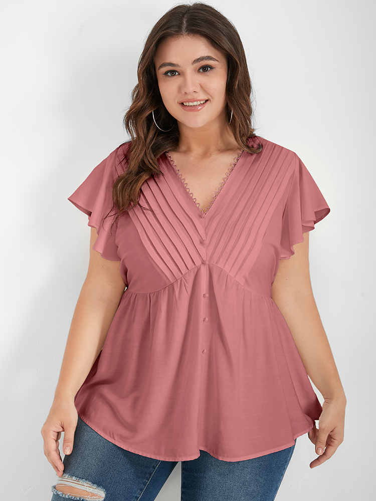 

Pleated Flutter Sleeve Plain Plus Size Women Dailywear Blouses Short Sleeve V Neck Elegance Blouses BloomChic, Pink