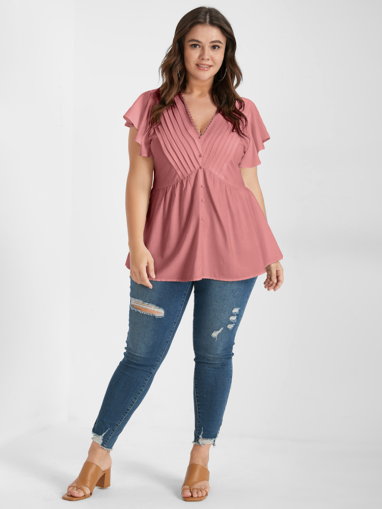 

Pleated Flutter Sleeve Plain Plus Size Women Dailywear Blouses Short Sleeve V Neck Elegance Blouses BloomChic, Pink