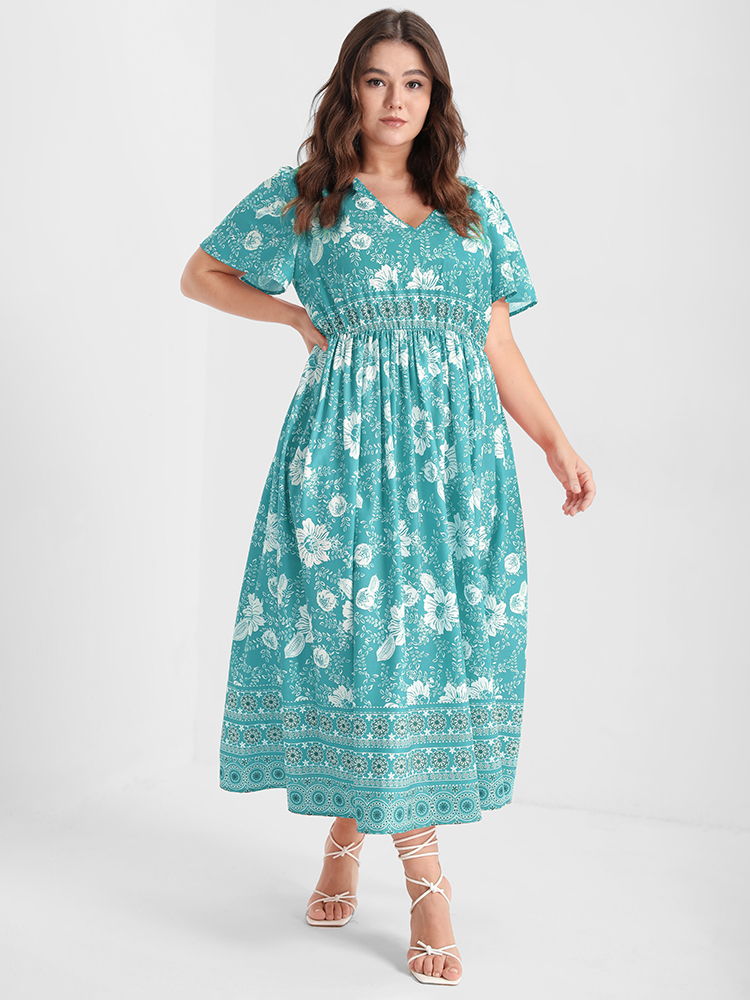 

Plus Size Floral Print Ruffled Ruched Split Maxi Dress Turquoise Women Vacation Elastic Waist V-neck Short sleeve Curvy Long Dress BloomChic