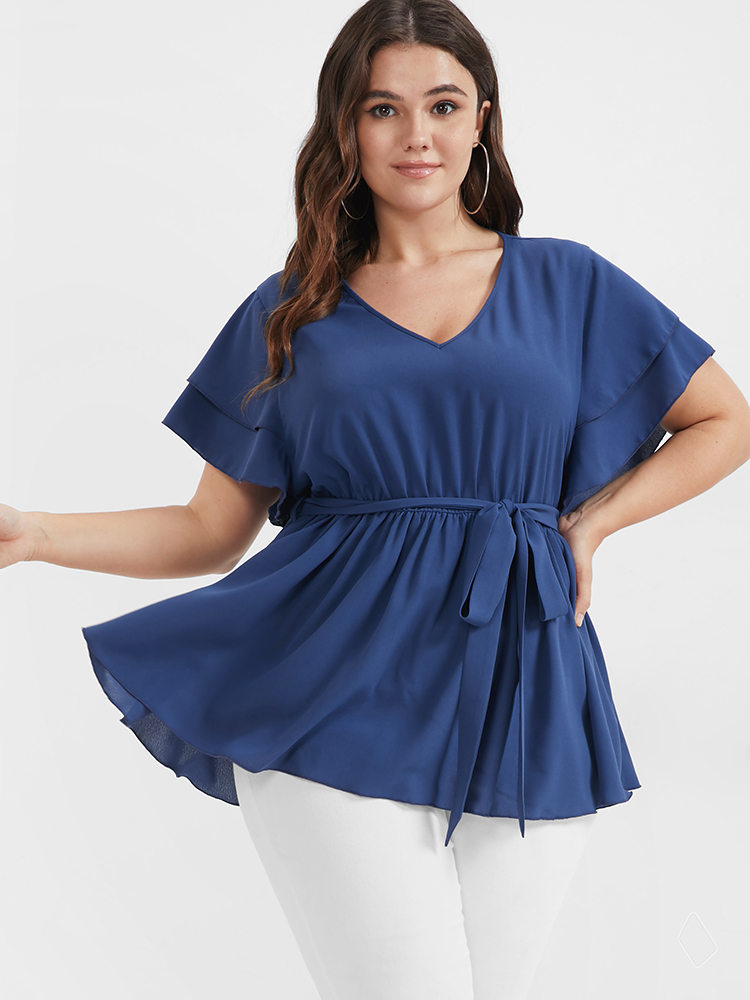 

Plus Size DarkBlue Solid Babydoll Flutter Tiered Belted V Neck Blouse Women Elegant Short sleeve V-neck Dailywear Blouses BloomChic